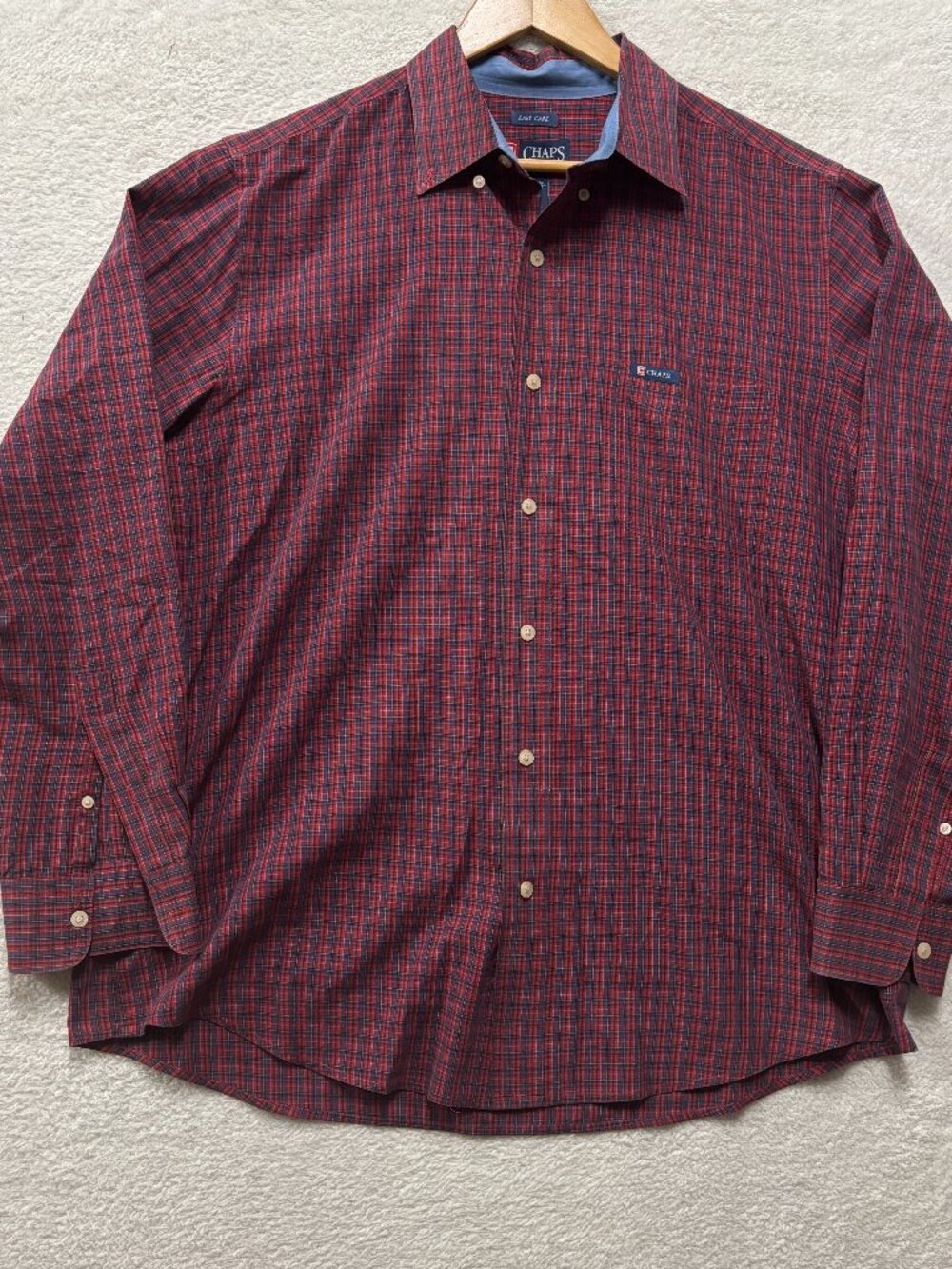 Chaps Shirt Mens Large L Long Sleeve Easy Care Red Blue Plaid Button Up Pocket